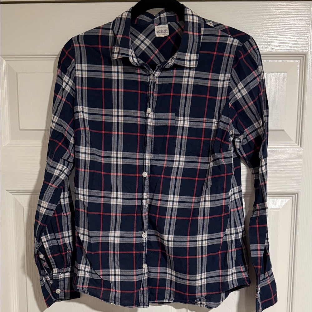 J. Crew Navy Plaid Button-Down Shirt with White and Red Stripes